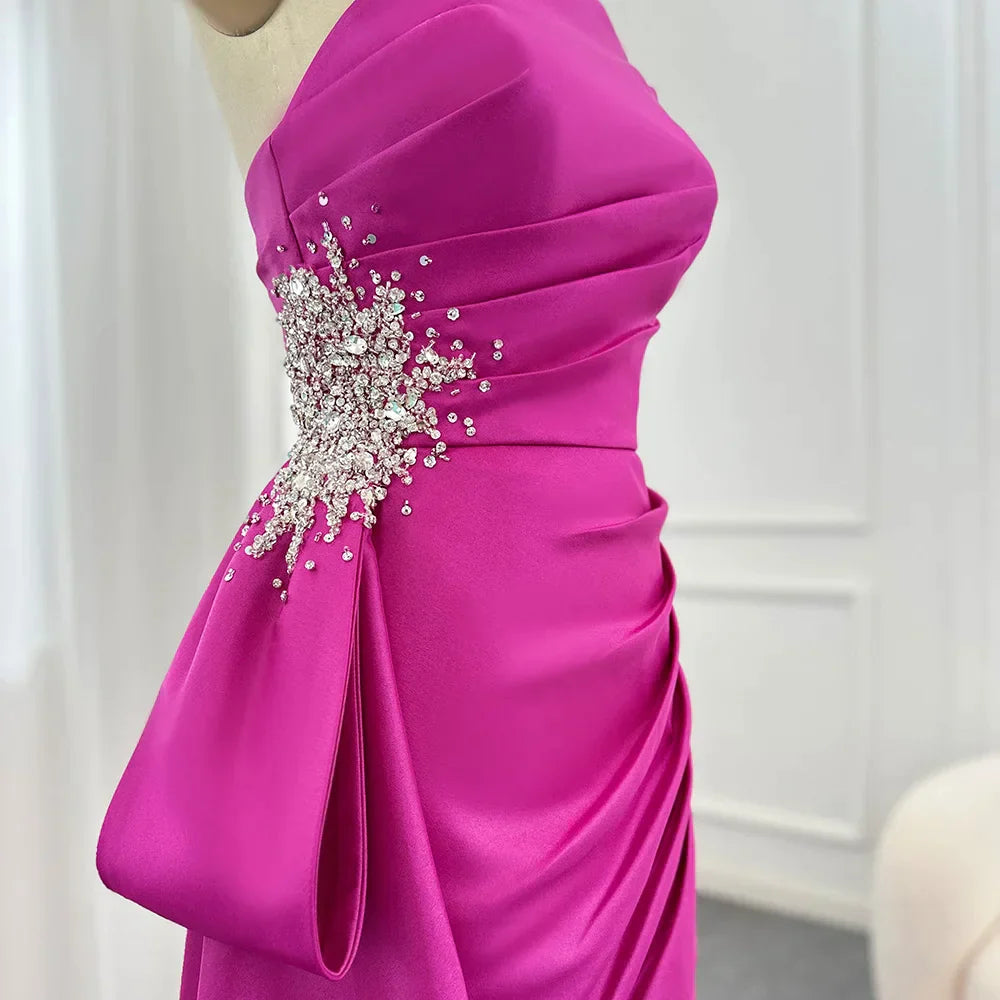 Elegant Mermaid Long Fuchsia Evening Dresses Arabic Overskirt Side Slit Women Wedding Formal Party Gowns SS402