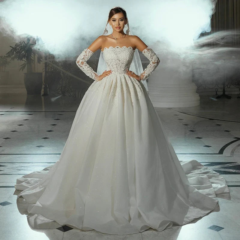 White A-Line Wedding Dresses Strapless Appliques Princess Satin Bridal Dress Formal Wedding Ball Prom Gowns Customized Custom Color 4