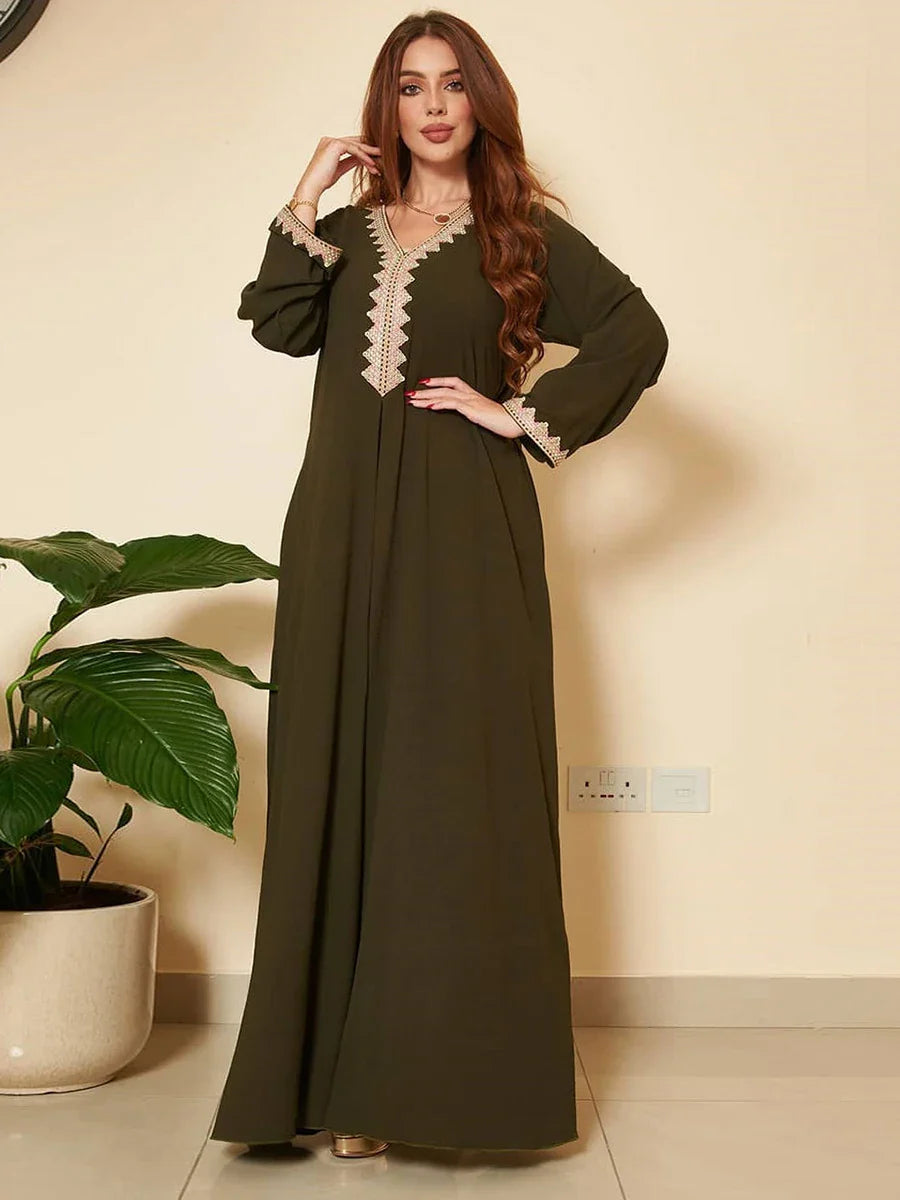 Moroccan Women Jalabiyat Fashion Basic Solid Diamonds Full Sleeve V-Neck Elegant Chic Turkish Female Abaya Green Dress