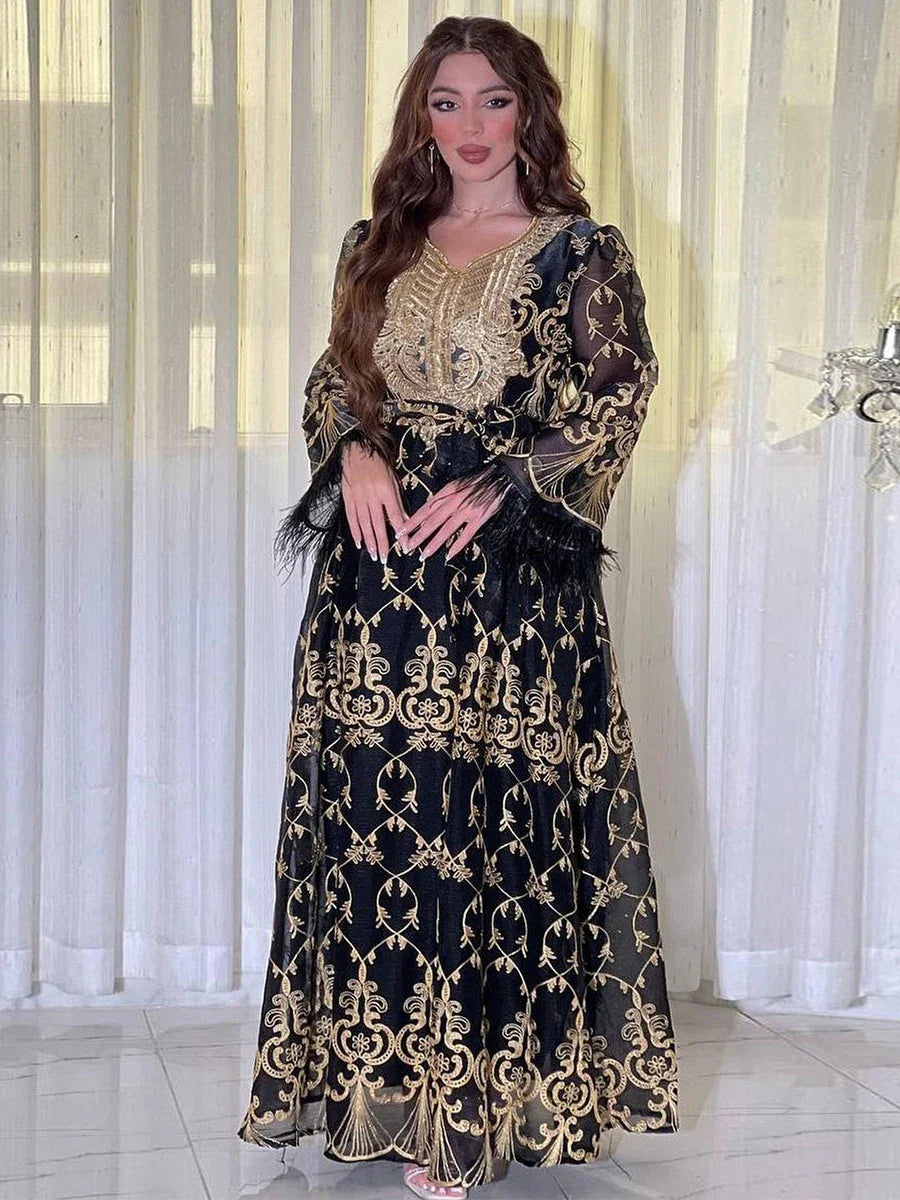 Dubai Gold Floral Embroidery Sequins Feathers Patchwork Long Sleeve V Collar Ethnic Party Gown With Sashes Eid Al-Adha Black Dress