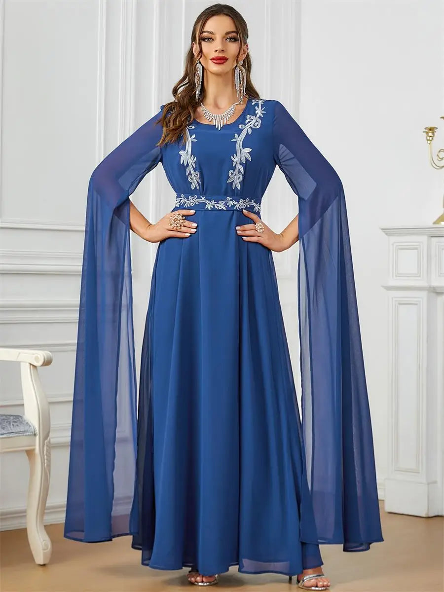 Dubai Moroccan Fashion Embroidery Chiffon Super Long Sleeve Evening Party Gown Jalabiyat Turkish Gulf Belted Dress Blue Dress