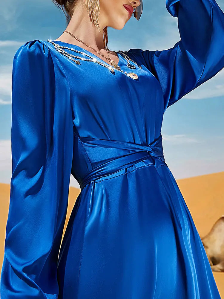 Blue Satin Long Dress Abaya Women Handsewn Rhinestones Belted Eid Ramadan Muslim Dresses Islam Dubai Turkish Modest Abayas