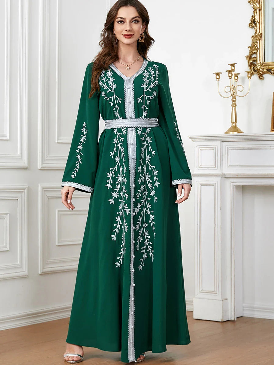 Muslim Dress Modest Fashion Emberoidery Solid Long Sleeve V-Neck Belted Clothing Casual Abayah For Women 2023 Dubai Green Dress
