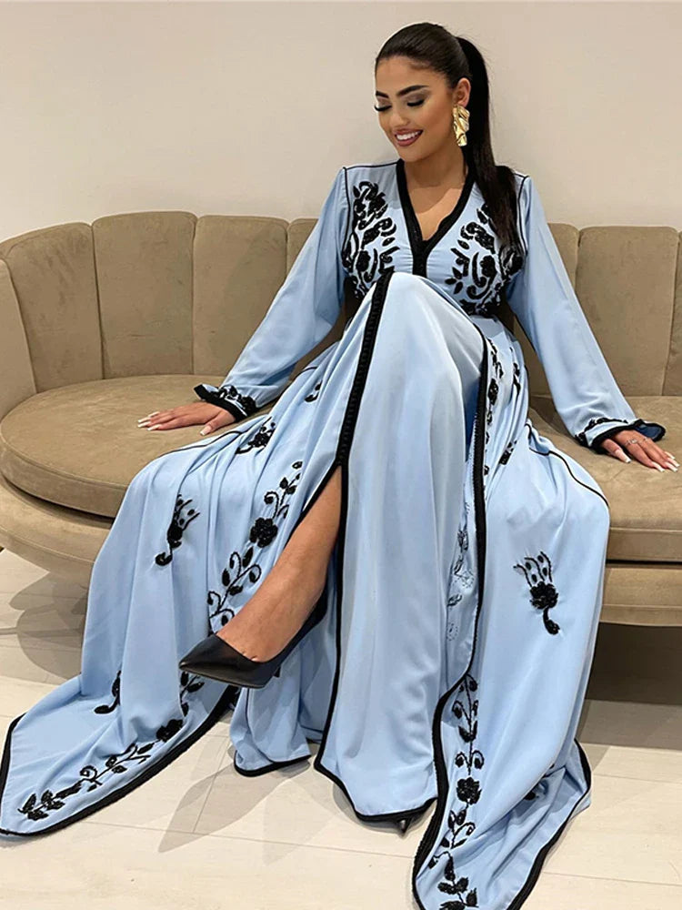 Sky Blue V Neck Moroccan caftan Evening Dresses Long Sleeves Lace Special Occasion Dress Lace Party Gown Blue