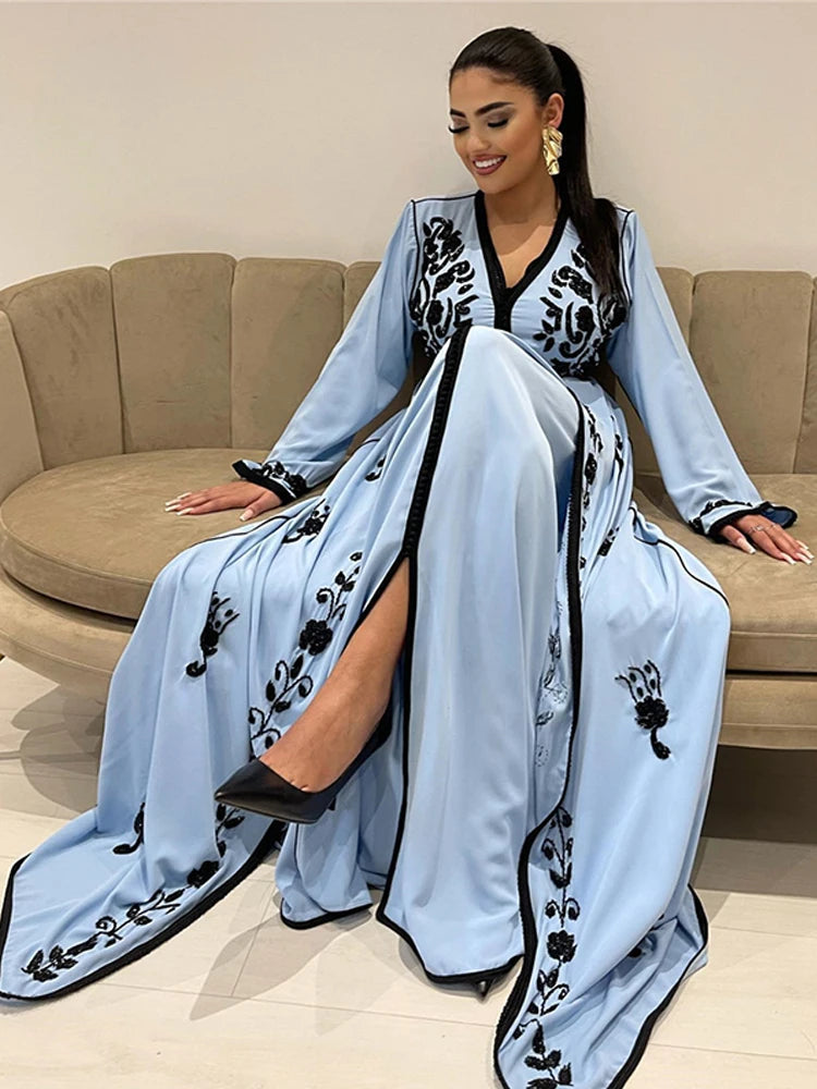 Sky Blue V Neck Moroccan caftan Evening Dresses Long Sleeves Lace Special Occasion Dress Lace Party Gown