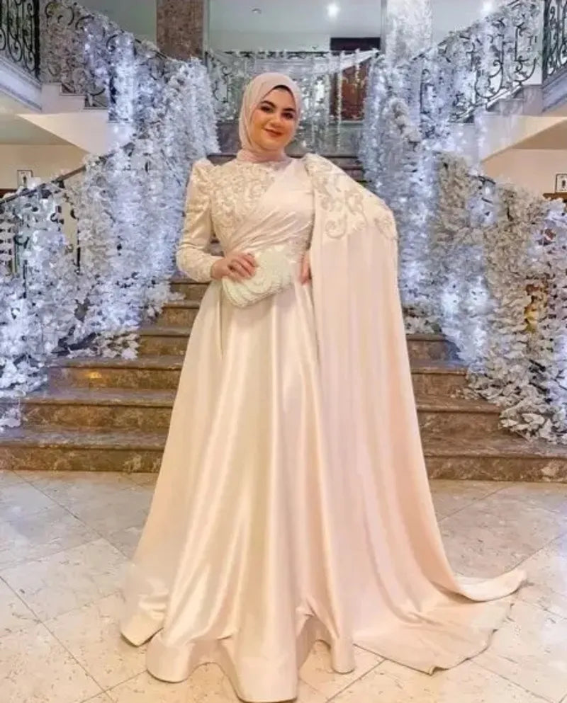 Long Sleeve Muslim Evening Dress Elegant Satin Beaded Lace Arabic Hijab Formal Party Dress Vestido Fiesta Boda Invitada WHITE