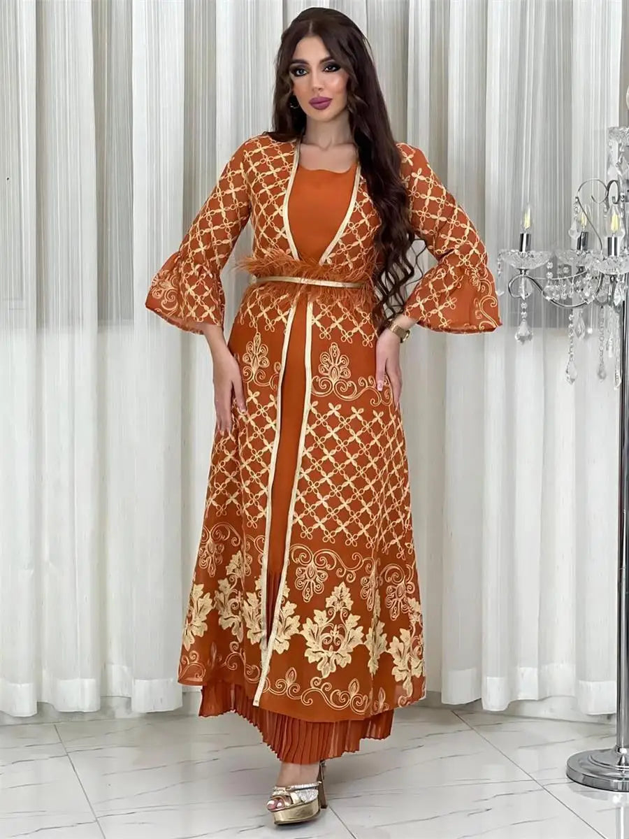 Turkish Dubai Luxury Floral Gold Stamping Evening Party Gown Set Eid Al-Adha Boubou Women Kaftan With Feathers Sashes Orange Robe