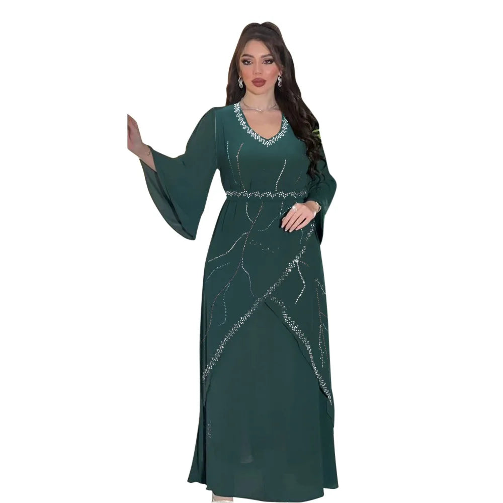 Diamonds Abayas for Women Muslim Evening Party Dress Islam Clothing Arab Robe Saudi Gown Marocain Kaftan Dubai Jalabiya Djellaba 02 Green