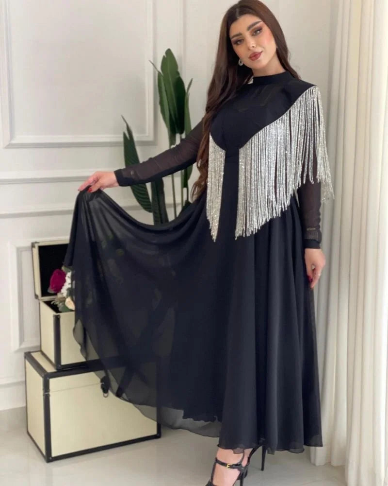 Ramadan Long Dress Moroccan Caftan 2023 Women's Spring Summer Big Swing Sexy High Waist Tassel Splice Chiffon Evening Dress