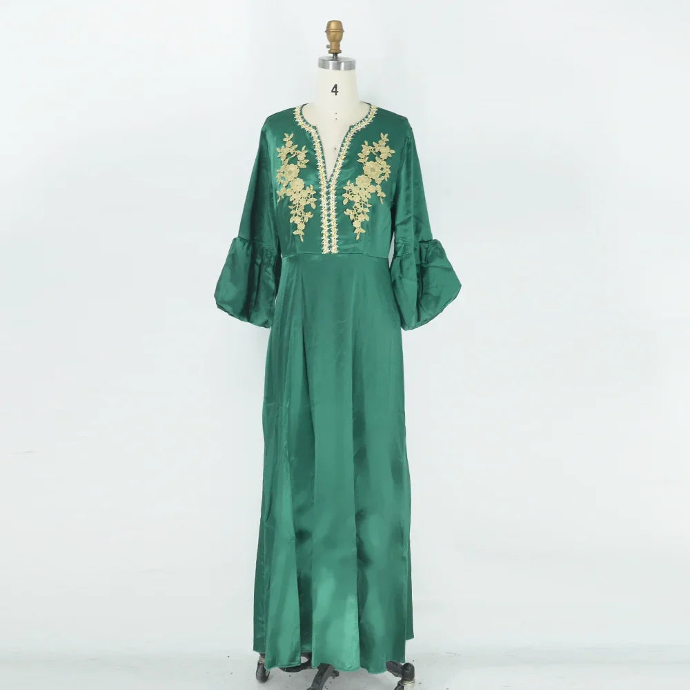 Moroccan Kaftan Caftan Wedding Green Puff Sleeves Muslim Women Party Decal Dress Dubai Arab Middle East Abaya For Women Clothing