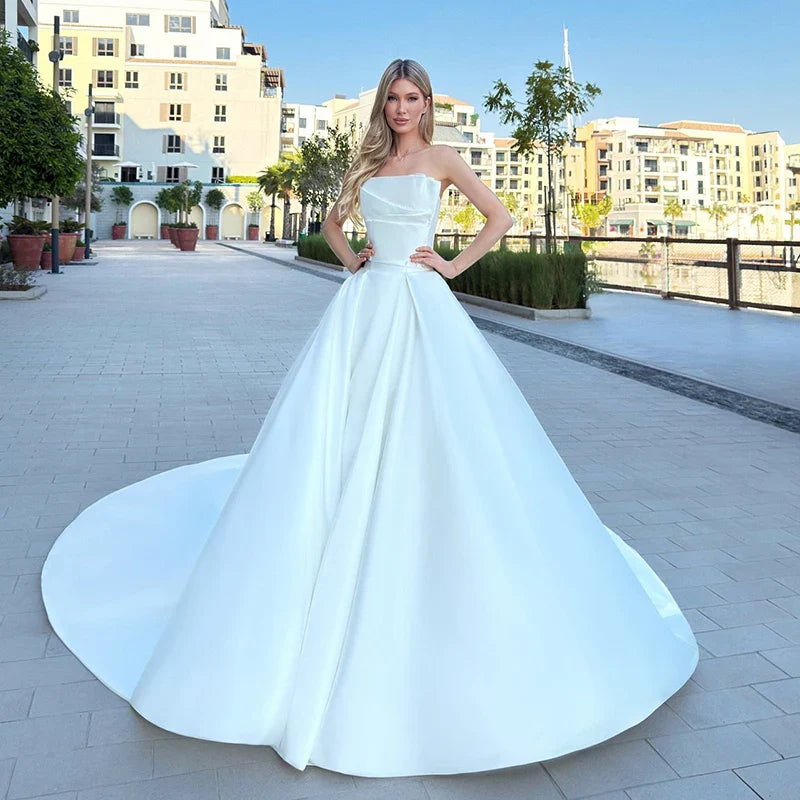 White A-Line Wedding Dresses Strapless Sweep Train Satin Princess Bridal Dress Formal Wedding Ball Prom Gown Customized WHITE 4
