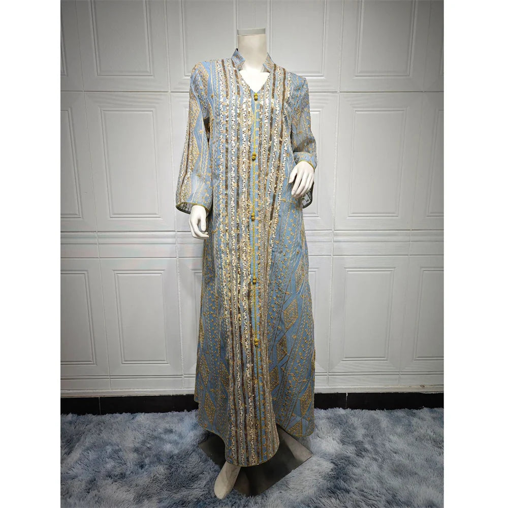 Moroccan Muslim Abaya Floral Print Women Long Maxi Dress Turkey Arab Dubai Eid Party Femme Ramadan Kaftan Jalabiya Vestidos Gown 129-1Light Blue