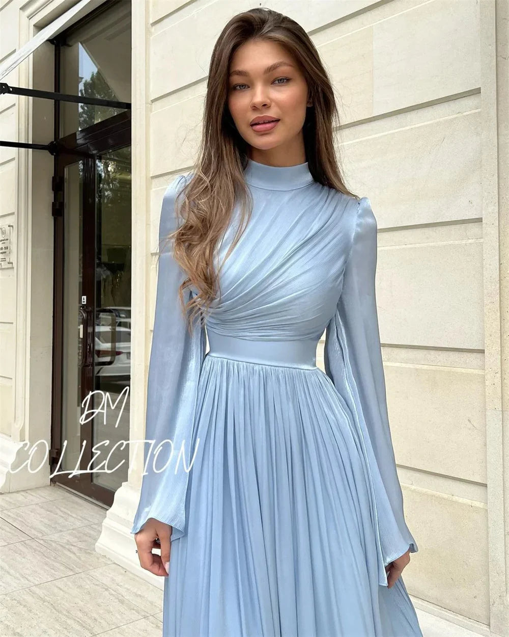 Light Blue Prom Dresses High Neck Modest A-line Wedding Dress Elegant Long Sleeves Chiffon Pleats Vestidos De Fiesta