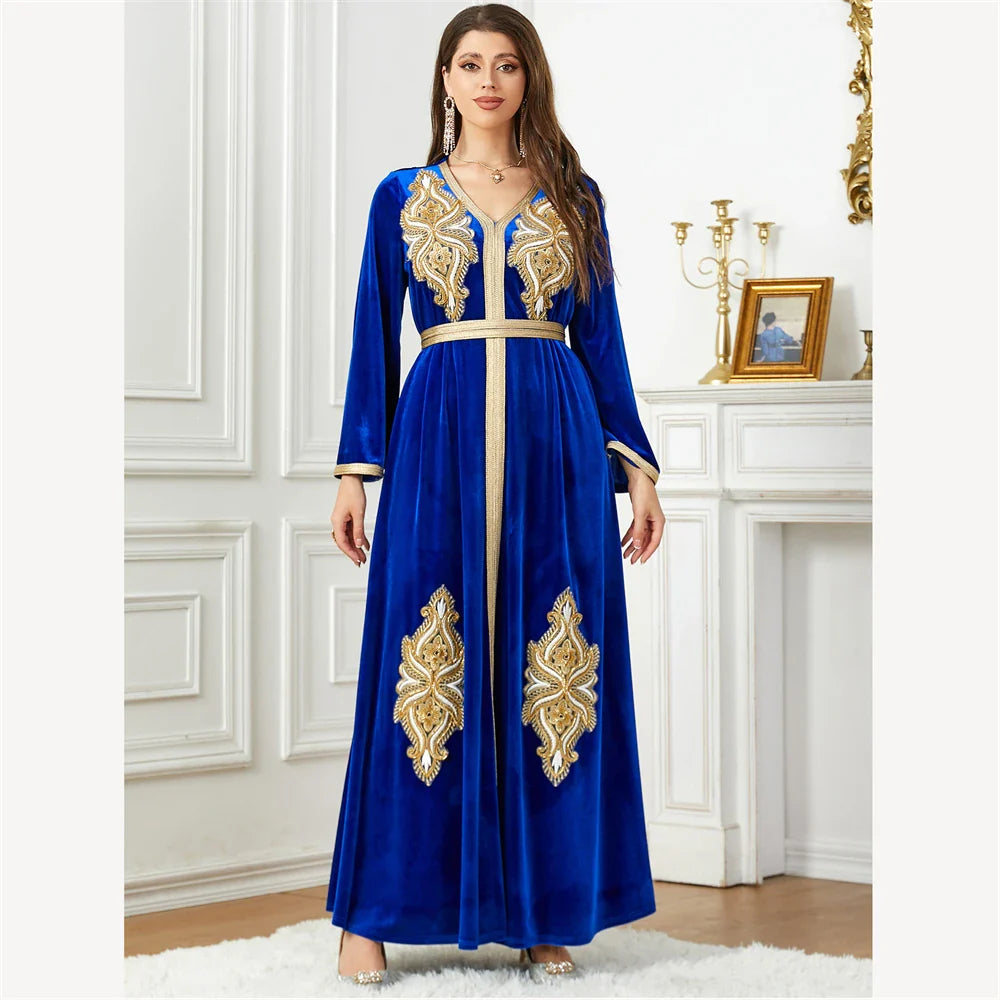 Velvet Autumn Winter Morocco Luxury Muslim Women Abaya V-neck Maxi Dress Turkey Arabic Islamic Kaftan Dubai Evening Party Kaftan 008 Blue