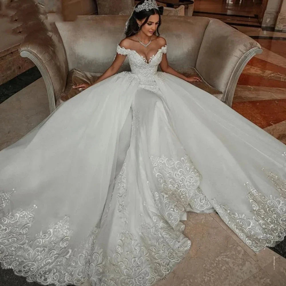 Luxury Mermaid Wedding Dresses Detachable Train Appliques Off Shoulder Lace Up Back Aso Ebi Bridal Gown Vestido De Novia