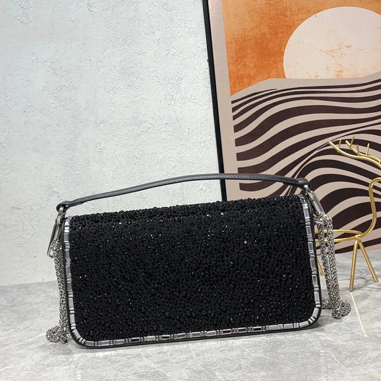 New crystal decorative leather underarm bag high quality clutch dinner bag classic chain shoulder me Black