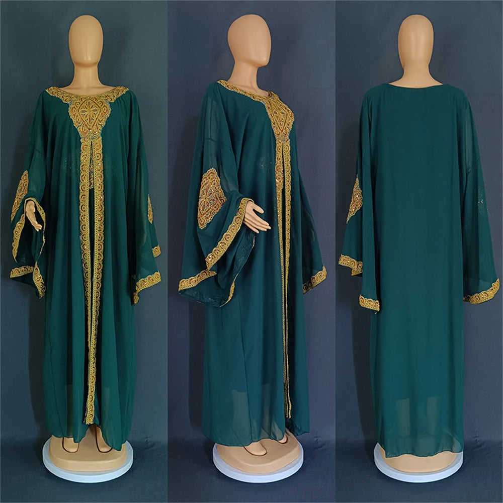 Two Piece Set Dress African Dresses for Women 2024 Traditional Gold Embroidery Clothing Islam Kaftan Abaya Musulman Robe Femme 04 Green One Size