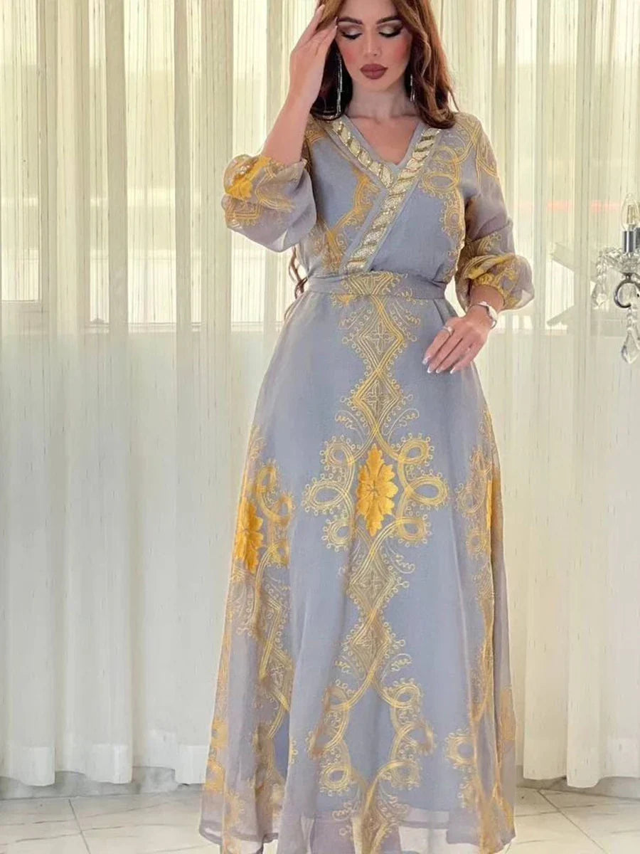 Arab Costumes Female Fashion Chic Mesh Embroidery Full Sleeve V-Neck Belted Clothing Muslim Elegant Women Evening Dress Yellow Dress