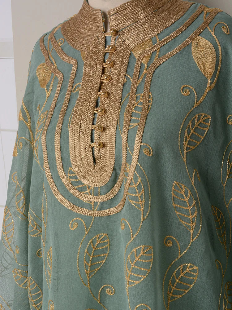 Leaf Embroidered Moroccan Kaftan Dress Dubai Kuwaiti Jalabiya Evening Party Islamic Caftan 2 Piece Set Ramadan Eid Muslim Abaya