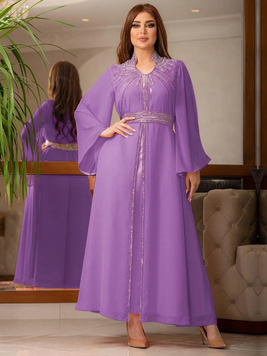 Arab Robe Fashion Middle East Muslim Kaftan Dubai Hot Fix Diamond Party Evening Dresses for Women Notched Stand Collar PurpleDress