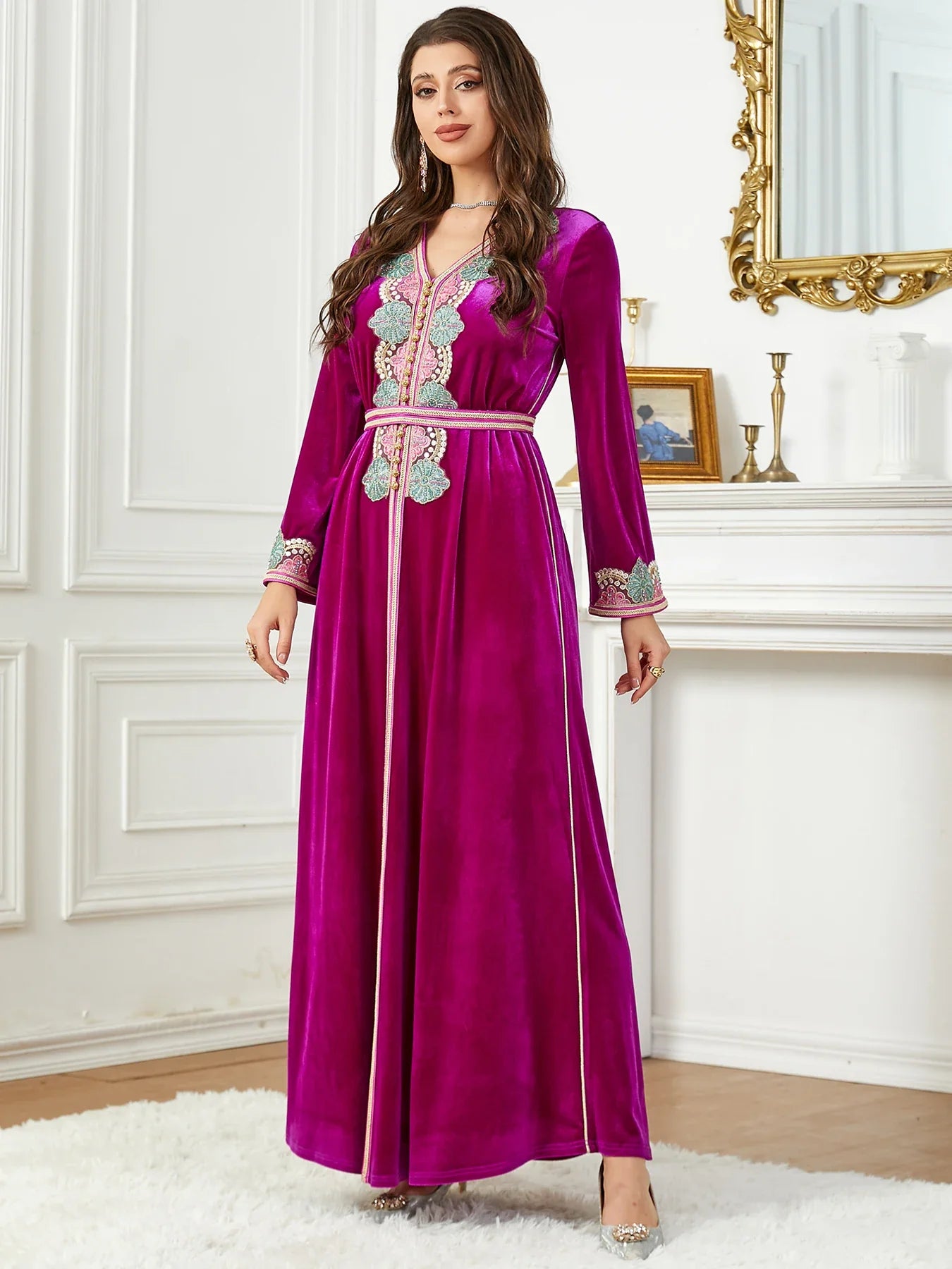 Winter Abaya Floral Appliques Velour Belted Arabic Dress Dubai Moroccan Islam Clothing Evening Party Muslim Women Kaftan Ramadan