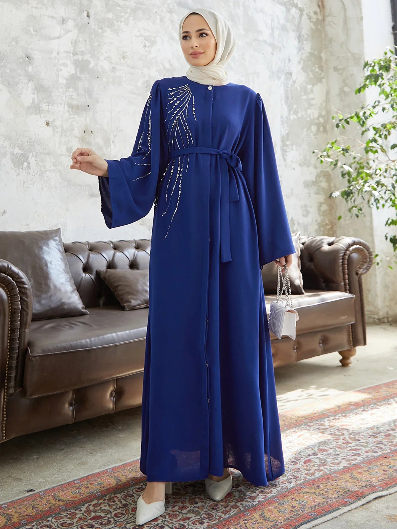 Elegant Diamonds Abayas for Women Dubai Luxury Belted Maxi Dress Eid Ramadan Caftan Marocain Femme Kebaya Robe Muslim Vestidos 02 Blue