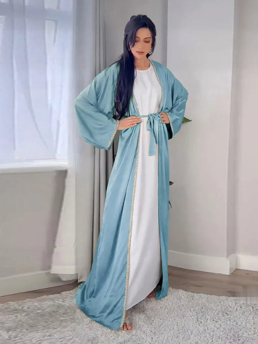 Open Kimono Dubai Abaya Chic Diamonds Solid Full Sleeve Cardigan Belted Clothing Elegant Casual Moroccan Women Caftan Sky Blue Abaya