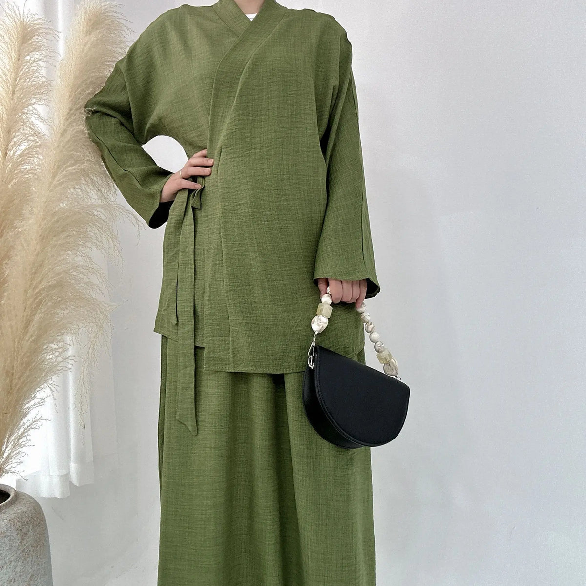 Fashion Modest Muslim Matching Set 2 Piece Dress Women Kimono Lace Up Tops Skirt Suit Dubai Turkey Kaftan Abaya Ramadan Outfits 05 Army Green