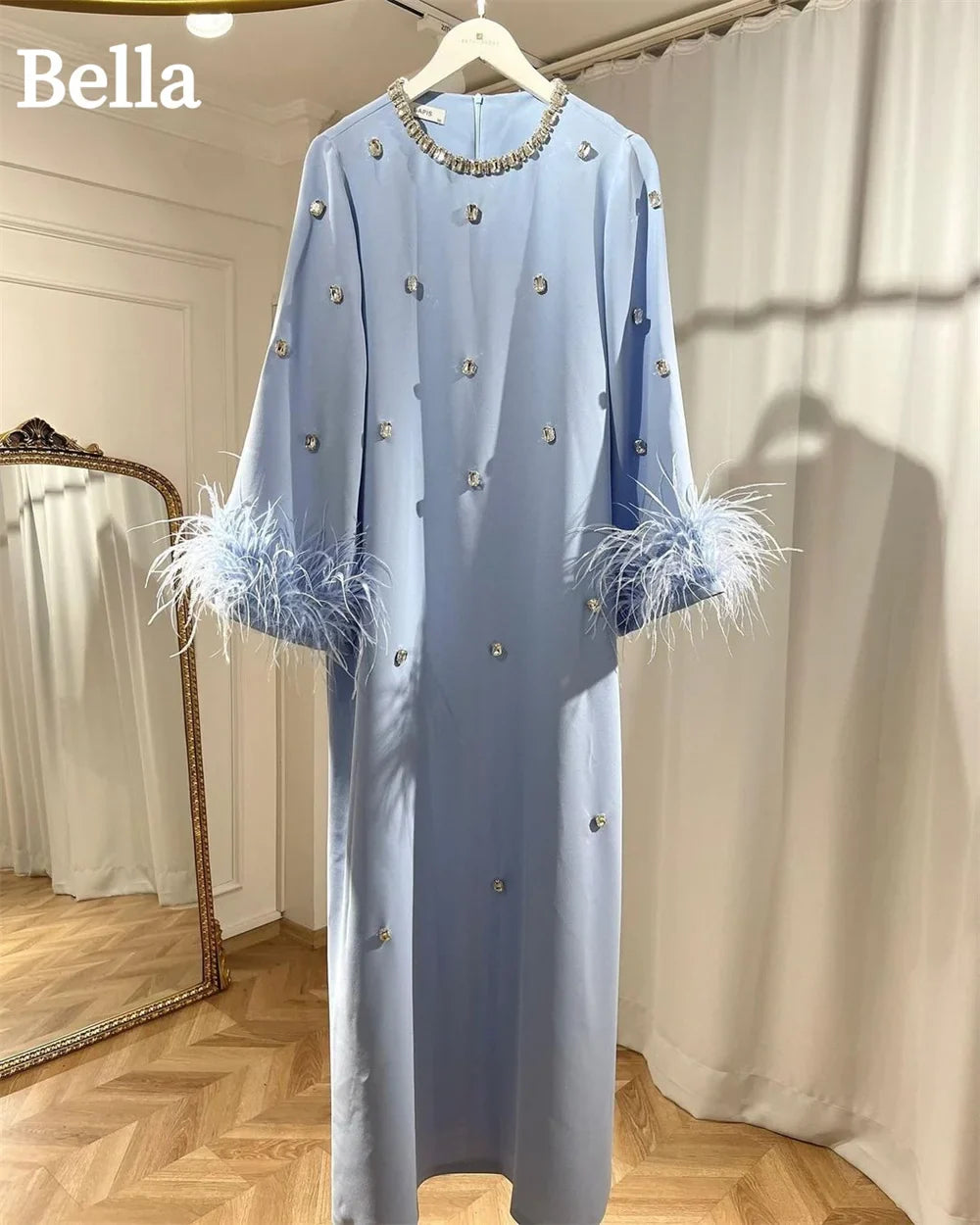 Luxury Light Blue Prom Dresses Shiny Sequin O-Neck Saudi Arabia Elegant Long Sleeves with Feathers Vestidos De Fiesta