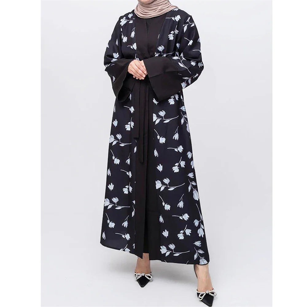 Floral Print Women Muslim Open Abaya Cardigan Maxi Dress Turkey Arabic Robe Eid Ramadan Kaftan Islamic Kimono Caftan Dubai Femme 02 Black