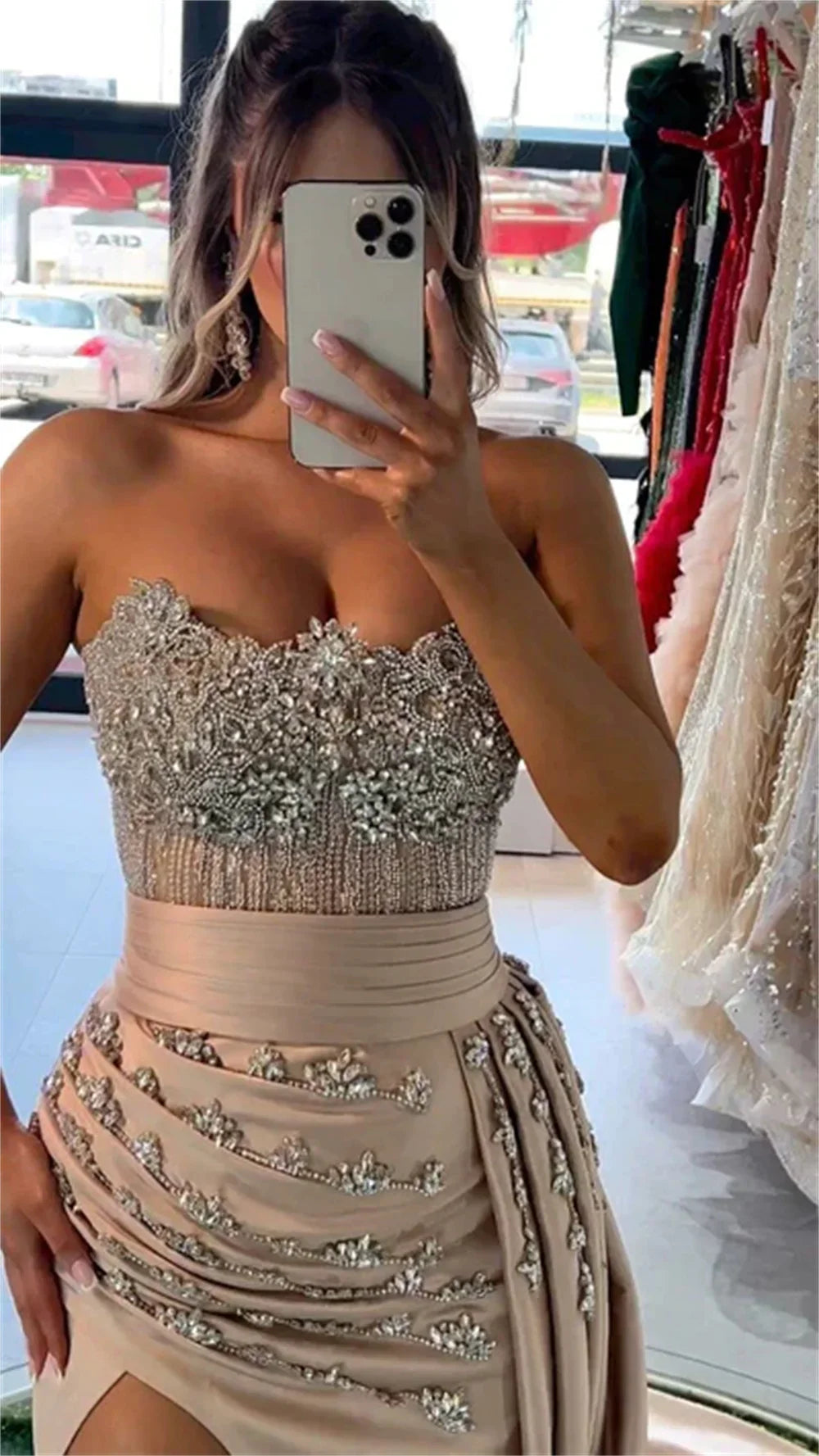 Sansa Luxury Champagne Glitter فساتين السهرة Off the Shoulder Mermaid Vestidos De Noche Floor-Length Side Split Prom Dresses