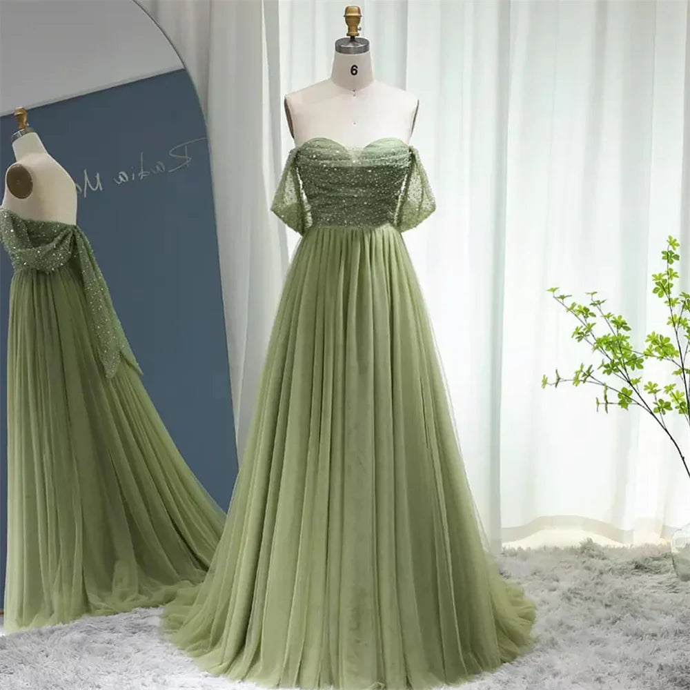 Green Shiny Sequins Prom Dresses Off the Shoulder Tulle Wedding Dress Elegant Sleeveless Floor-Length Vestidos De Fiesta as pic