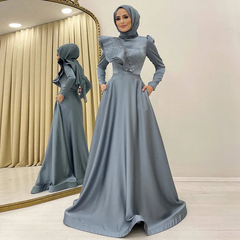 Blue Long Sleeve Hijab Prom Dresses Satin Beaded A Line High Neck Arabic Dubai Formal Dress Evening Gowns for Women picture color