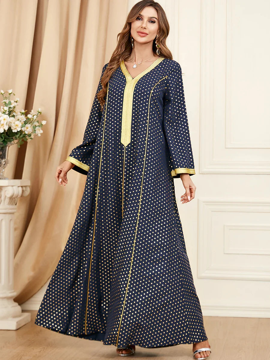 Elegant A-Line Dress V-Neck Lace Tape Polka Dot Print Long Dresses Abayas For Womens Dubai Ramadan Jalabiyat 2023 Royal Blue Dress