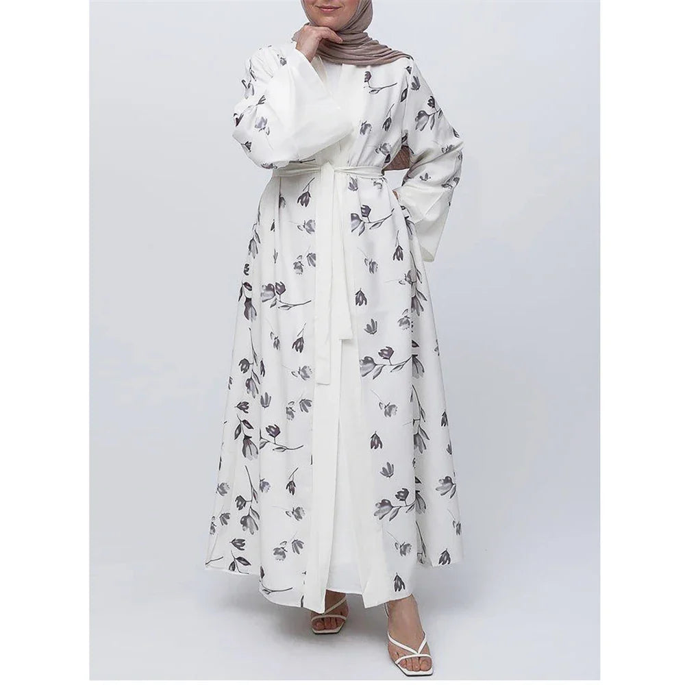 Floral Print Women Muslim Open Abaya Cardigan Maxi Dress Turkey Arabic Robe Eid Ramadan Kaftan Islamic Kimono Caftan Dubai Femme 01 White