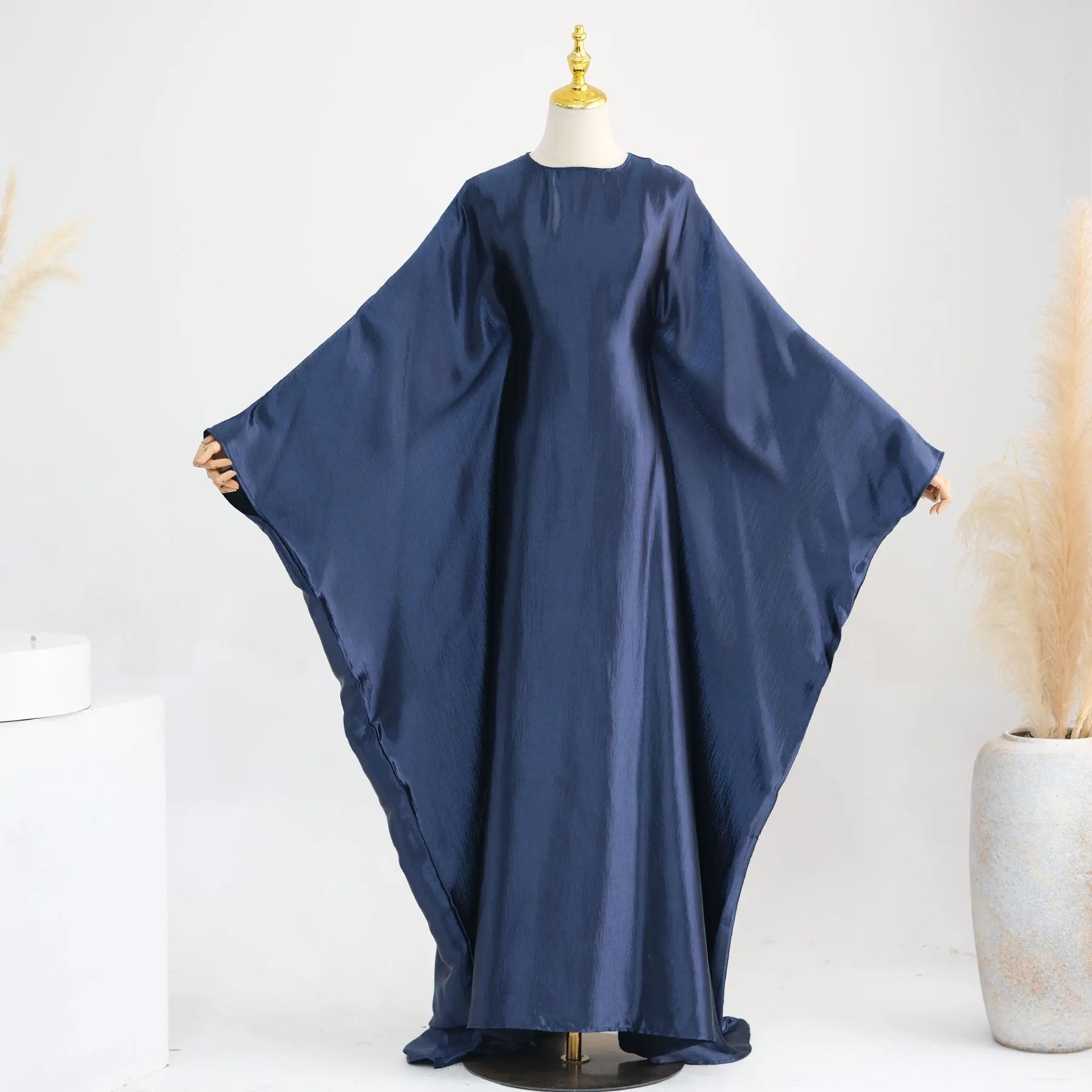 Kaftan Dubai Luxury Shiny Satin Evening Party Abaya Dress Muslim Women Islamic Clothing Caftan Turkish Ramadan Eid Moroccan Navy Blue