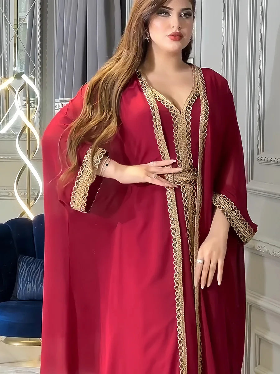 Muslim Fashion Two Piece Sequined Solid Summer V-Neck Abaya And Vest Long Dress Overgarments Islamic Women Moroccan Clothing Red Dress