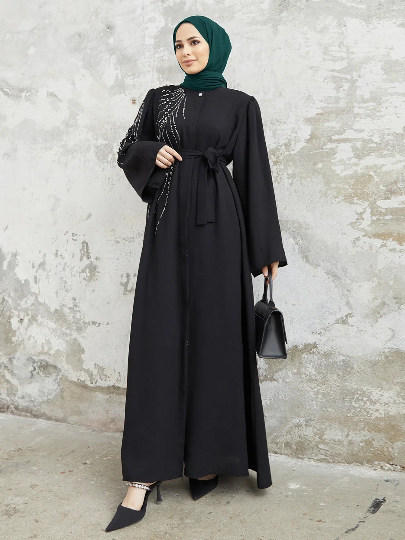 Elegant Diamonds Abayas for Women Dubai Luxury Belted Maxi Dress Eid Ramadan Caftan Marocain Femme Kebaya Robe Muslim Vestidos 01 Black