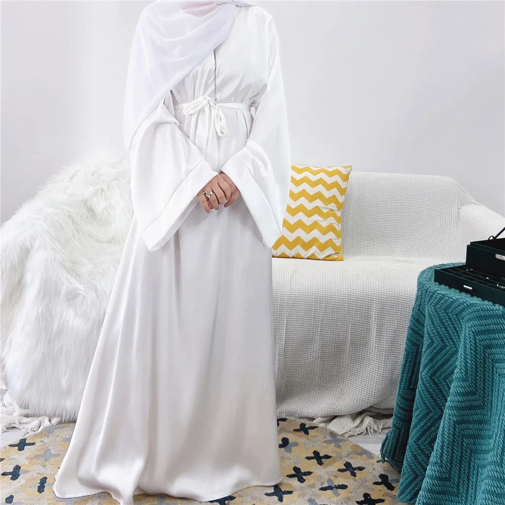 Elegant Shiny Satin Abaya Modest for Women Muslim Eid Dress Ramadan Kaftan Arabic Long Robe Dubai Femme Islamic Jalabiya Vestido 01 white