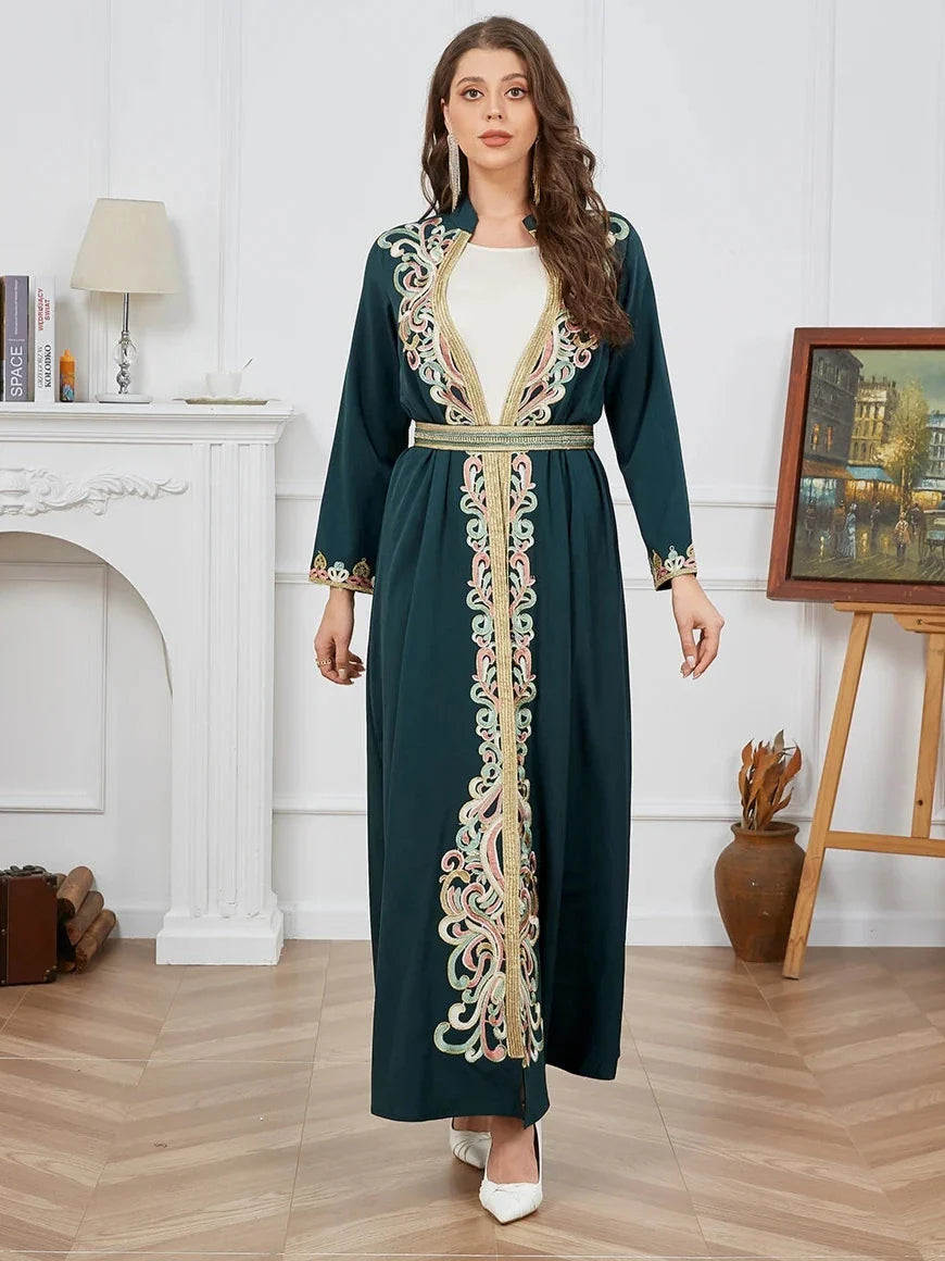 Women Dubai Abaya Jalabiyat Fashion 2 Set White Under Dress And Lace Tape Long Sleeve Belted Moroccan African Kaftan