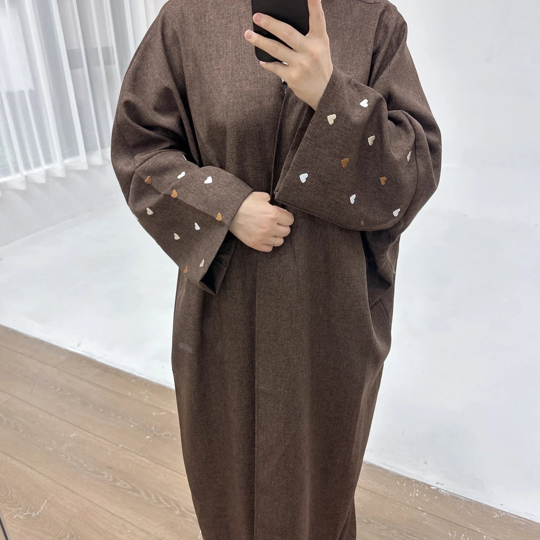 Love Embroidery Open Abaya Kimono Long Maxi Dress Coat Hijab Muslim for Women Islam Modest Clothing Eid Party Turkish Dubai Robe Coffee