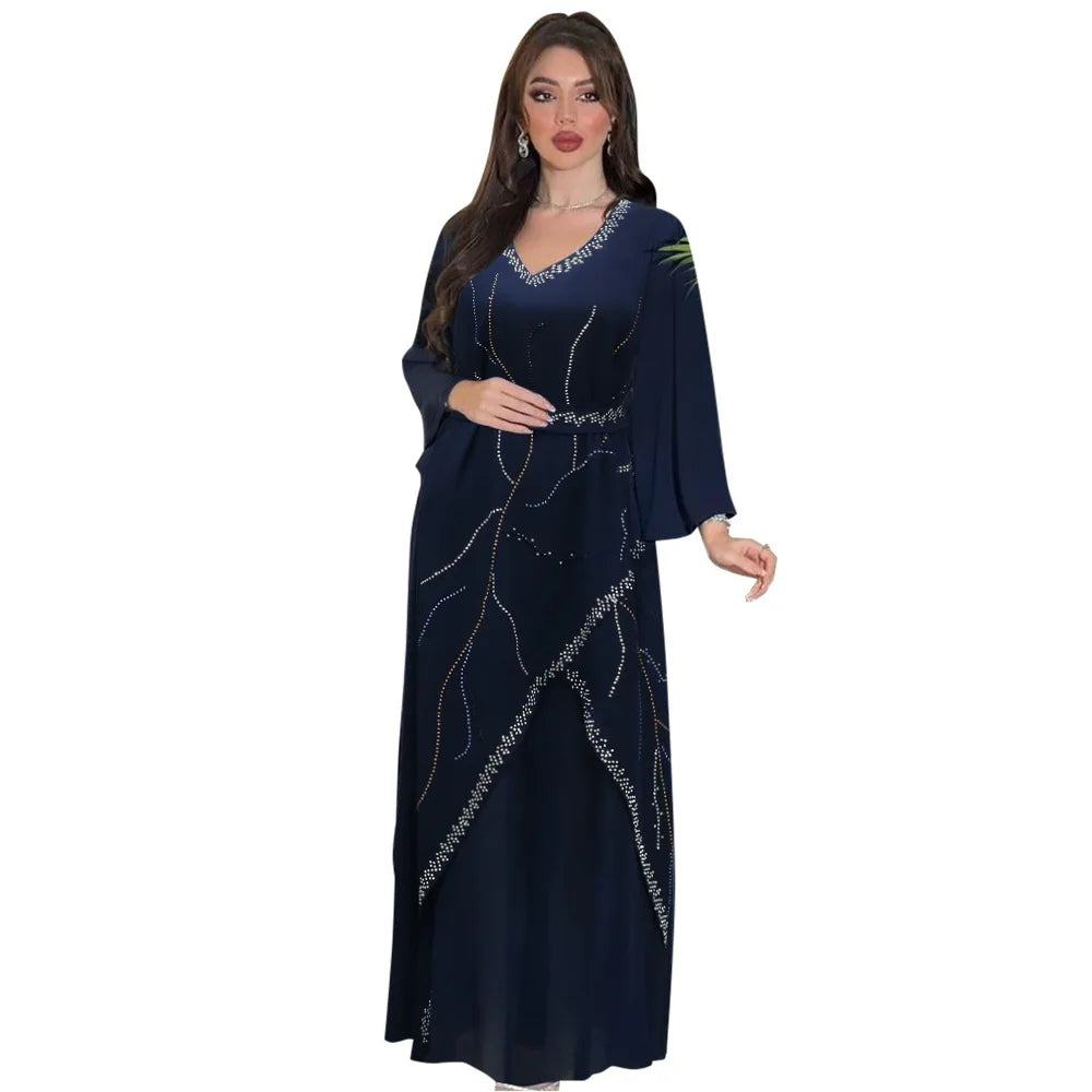 Diamonds Abayas for Women Muslim Evening Party Dress Islam Clothing Arab Robe Saudi Gown Marocain Kaftan Dubai Jalabiya Djellaba 01 Navy