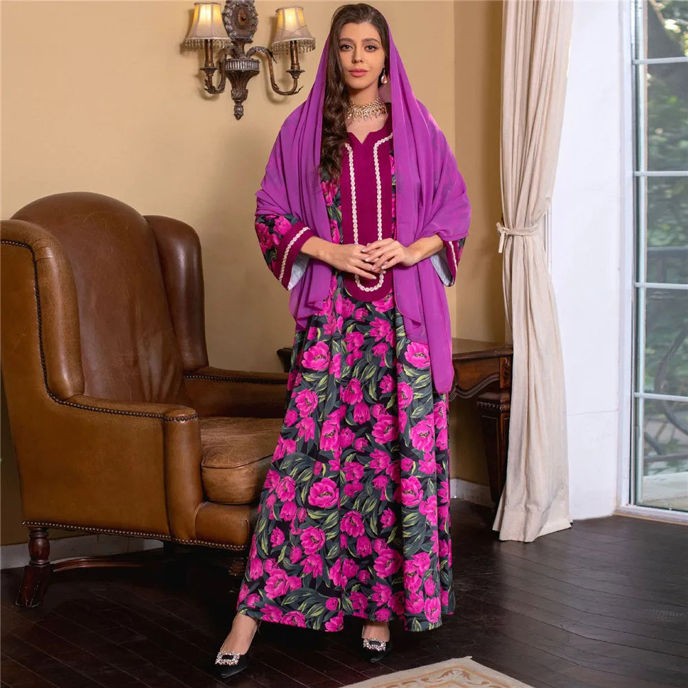 Moroccan Jalabiya 2024 Women Abaya Muslim Hijab Dress Vintage Floral Print Kaftan Ramadan Dubai Modest Dresses Party Arabic Gown ESB014-2Purple