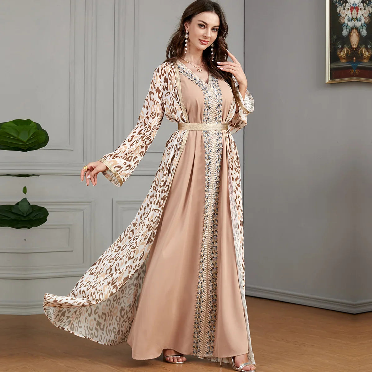 Muslim Dress Two Piece Set Spliced Abaya Dress for Party V-neck Long Sleeves Dubai Middle East Turkey Caftan Kafftan Clothing