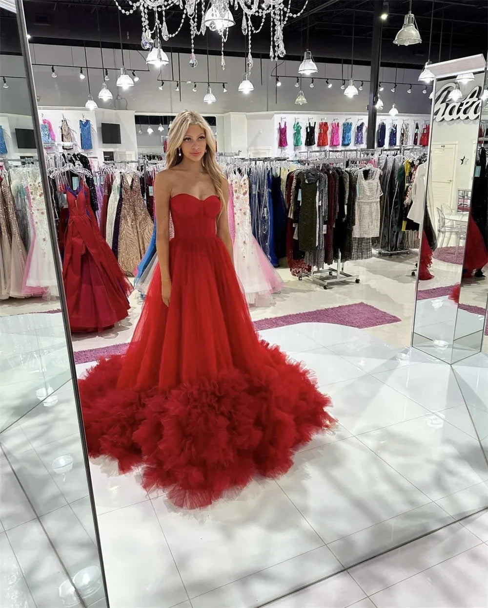 Princess Red Prom Dress Sweetheart Ball Gown Vestidos De Noche Multilayer Puffy Prom Dress Sleeveless Weddding Dress