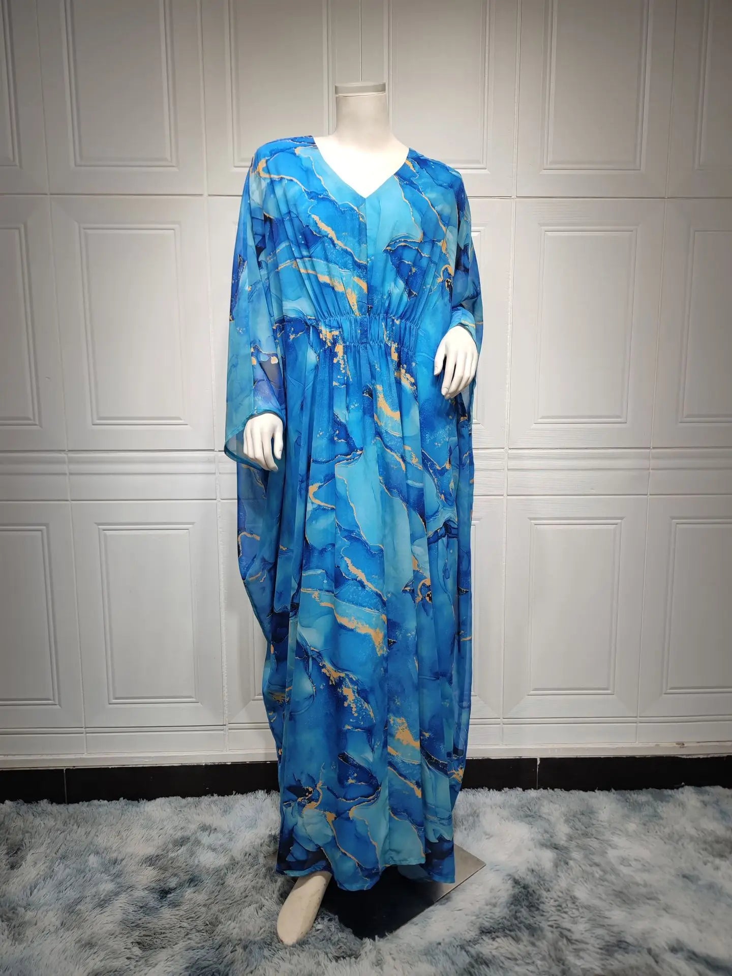 Marble Print Chiffon Caftan Beach Style Dubai Gulf Desert Kaftan Abaya Islamic Clothing Muslim Women Dress Party Evening Lake Blue