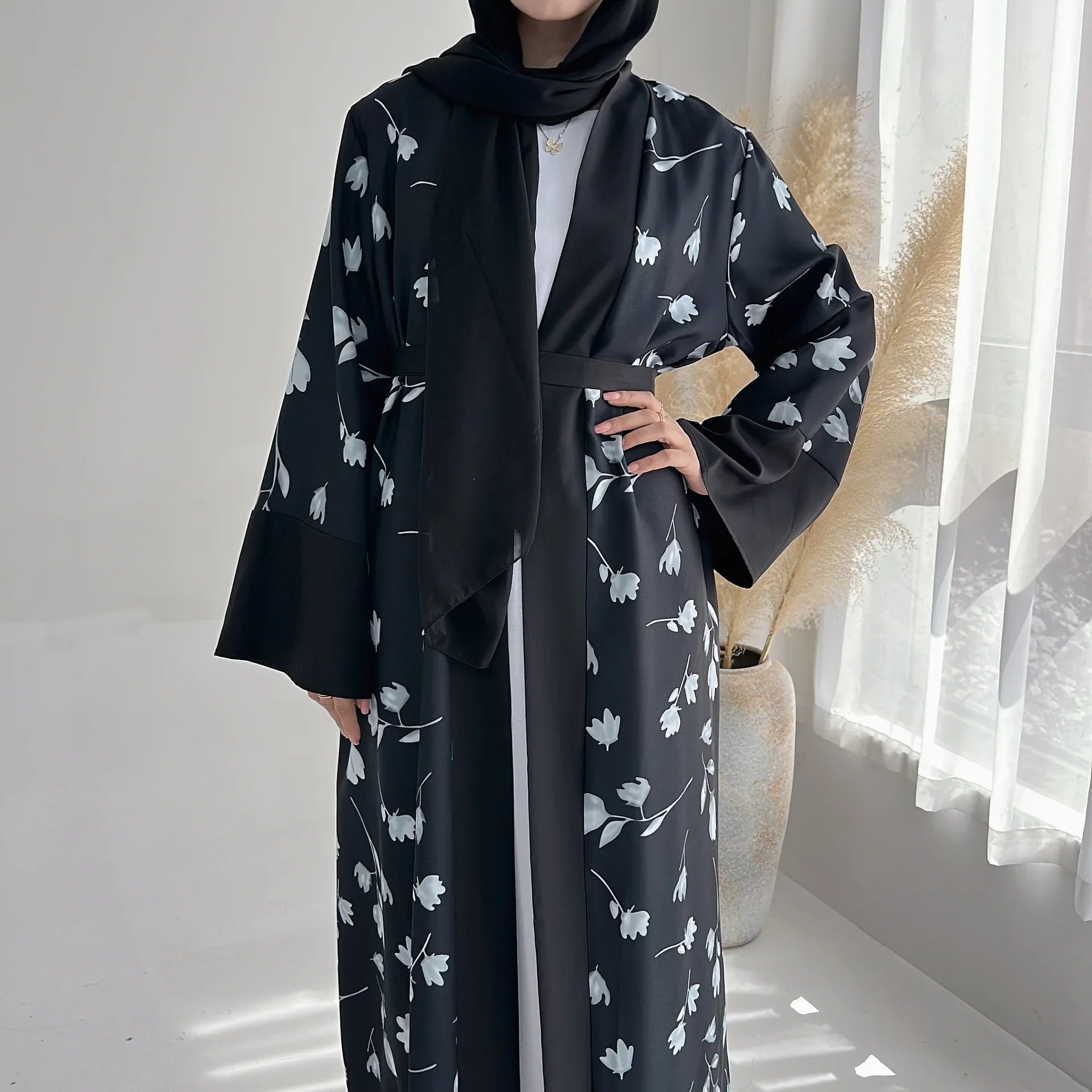 Floral Print Women Muslim Open Abaya Cardigan Maxi Dress Turkey Arabic Robe Eid Ramadan Kaftan Islamic Kimono Caftan Dubai Femme 060-1Black