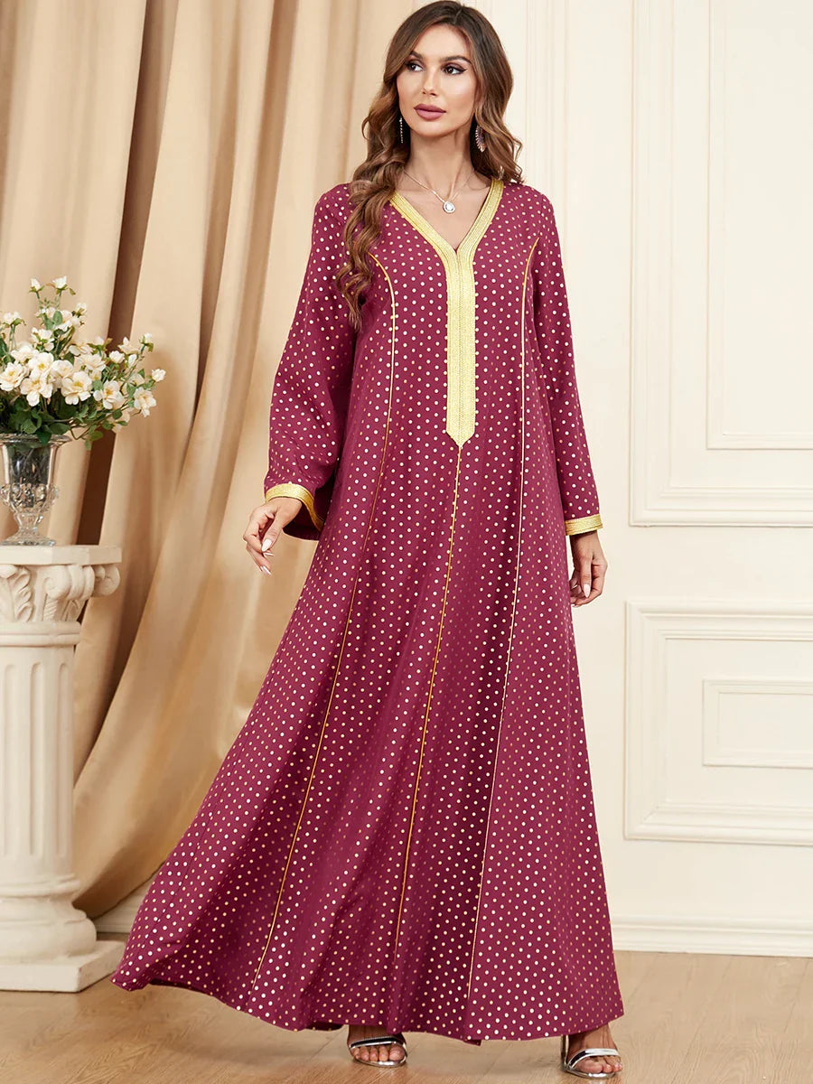 Elegant A-Line Dress V-Neck Lace Tape Polka Dot Print Long Dresses Abayas For Womens Dubai Ramadan Jalabiyat 2023 Red Dress