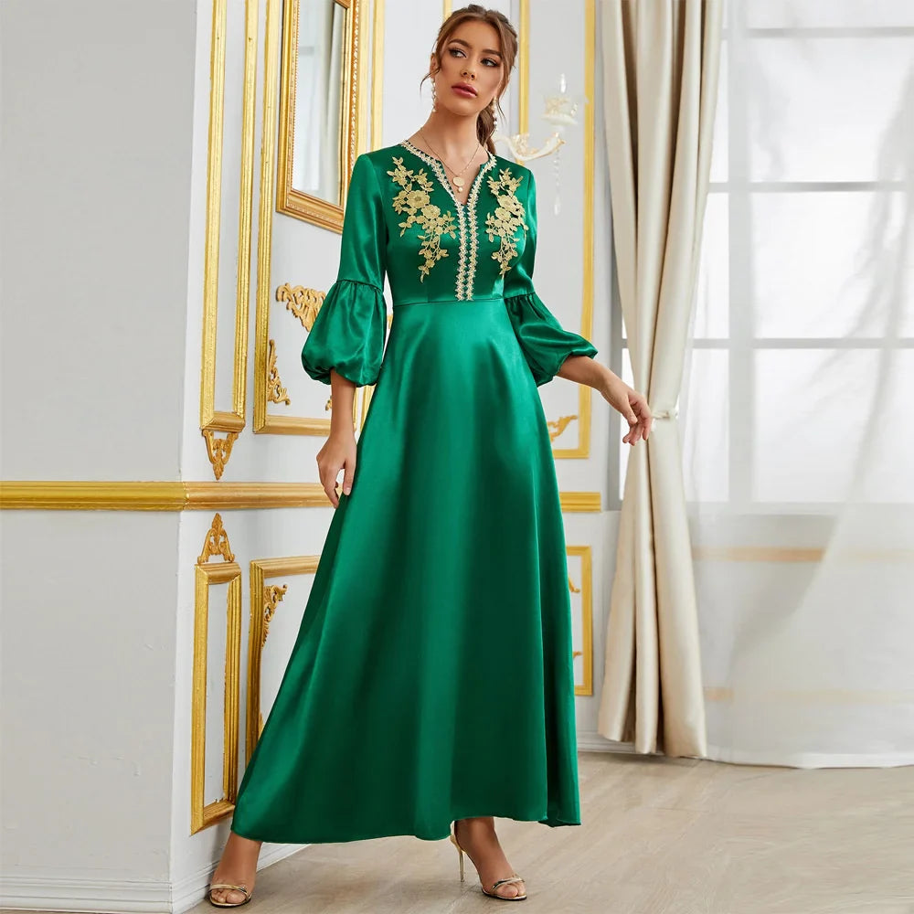 Moroccan Kaftan Caftan Wedding Green Puff Sleeves Muslim Women Party Decal Dress Dubai Arab Middle East Abaya For Women Clothing