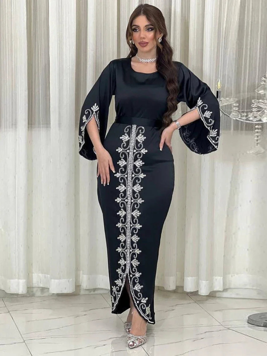 Dresses For Prom Kaftan Dubai Luxury Diamonds Formal Occasion Abaya Elegant Split Sleeve Ladies Long Wrap Dress With Belt Black Dress